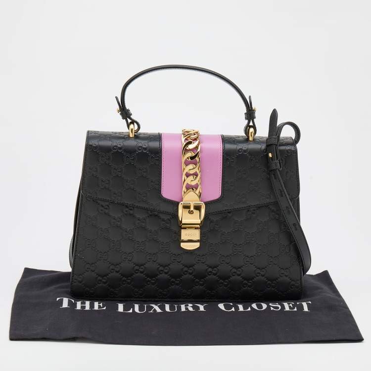 Pre Owned Gucci Black/Pink Guccissima Leather Medium Sylvie Top Handle Bag