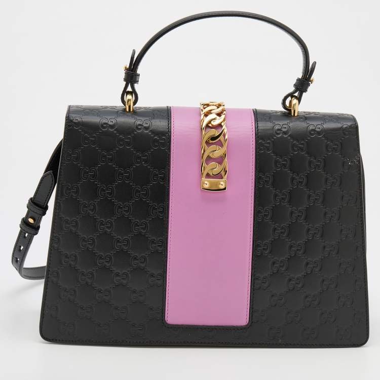 Pre Owned Gucci Black/Pink Guccissima Leather Medium Sylvie Top Handle Bag