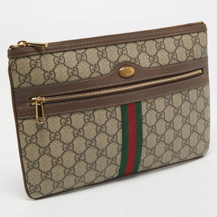 Pre Owned Gucci Beige GG Supreme Canvas and Leather Ophidia Pouch