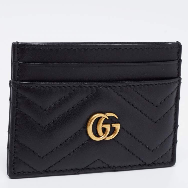 Pre Owned Gucci Black Matelassé Leather GG Marmont Card Holder