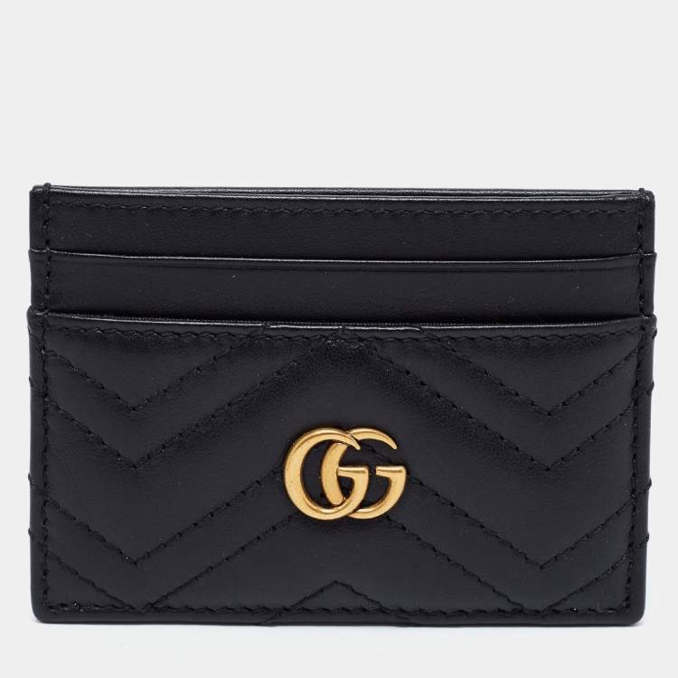 Pre Owned Gucci Black Matelassé Leather GG Marmont Card Holder