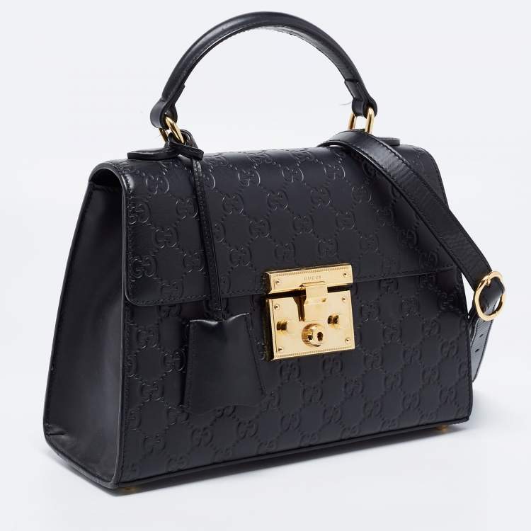 Pre Owned Gucci Black Guccissima Leather Small Padlock Top Handle Bag