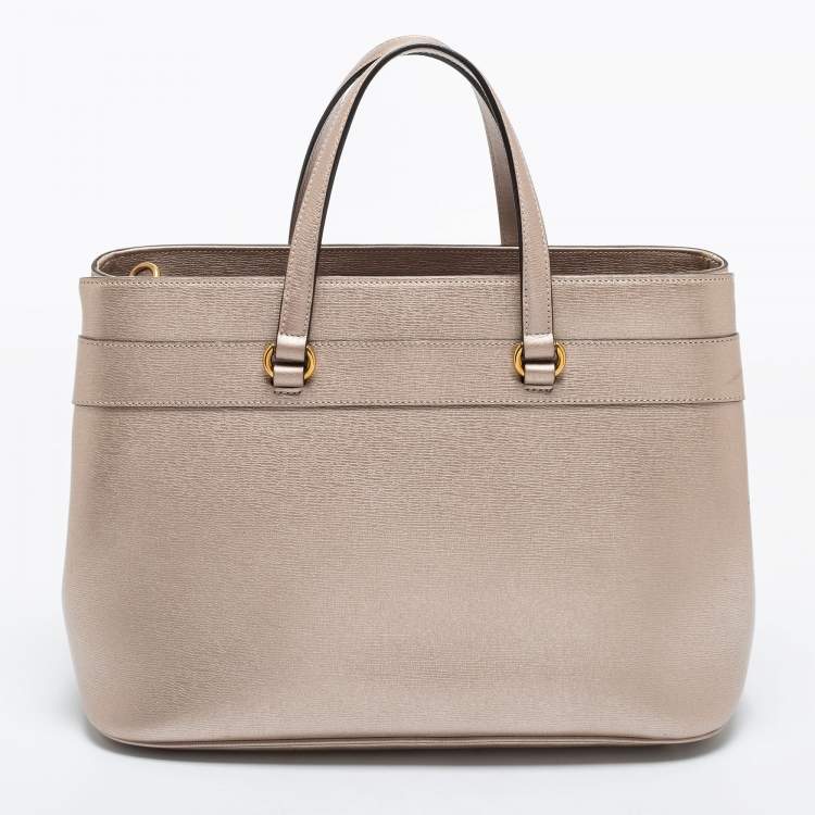 Pre Owned Gucci Metallic Beige Leather Bright Bit Tote