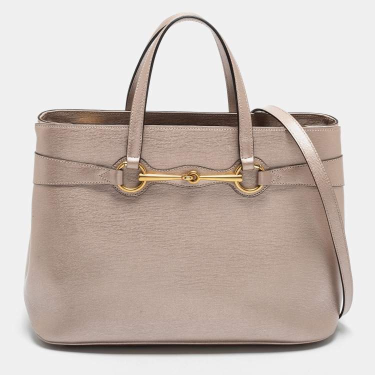 Pre Owned Gucci Metallic Beige Leather Bright Bit Tote