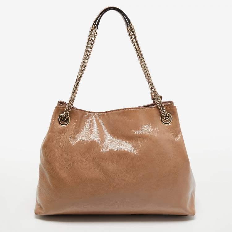 Pre Owned Gucci  Beige Patent Leather Medium Soho Chain Tote