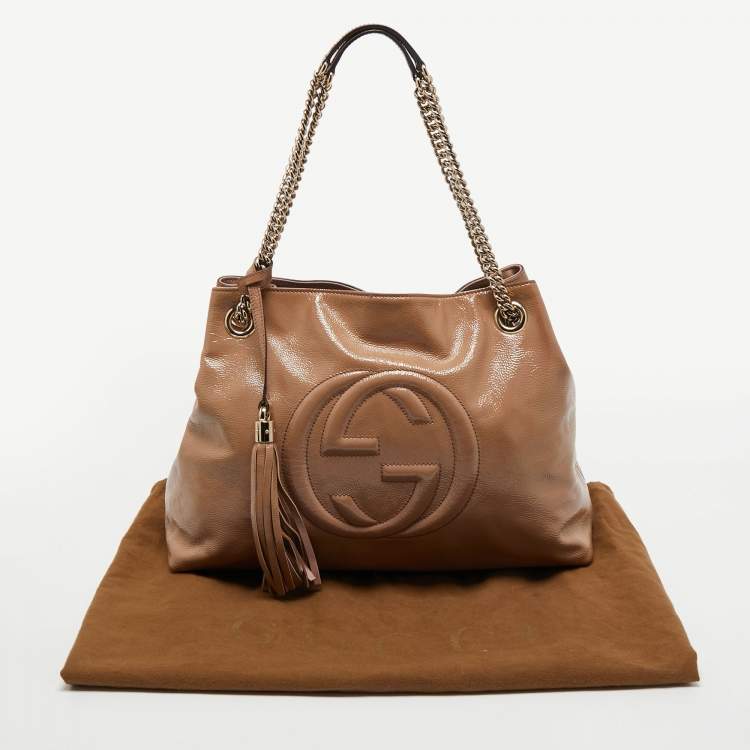 Pre Owned Gucci  Beige Patent Leather Medium Soho Chain Tote