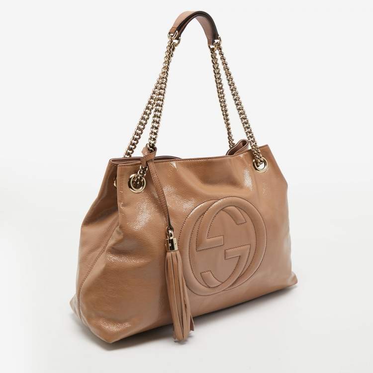 Pre Owned Gucci  Beige Patent Leather Medium Soho Chain Tote
