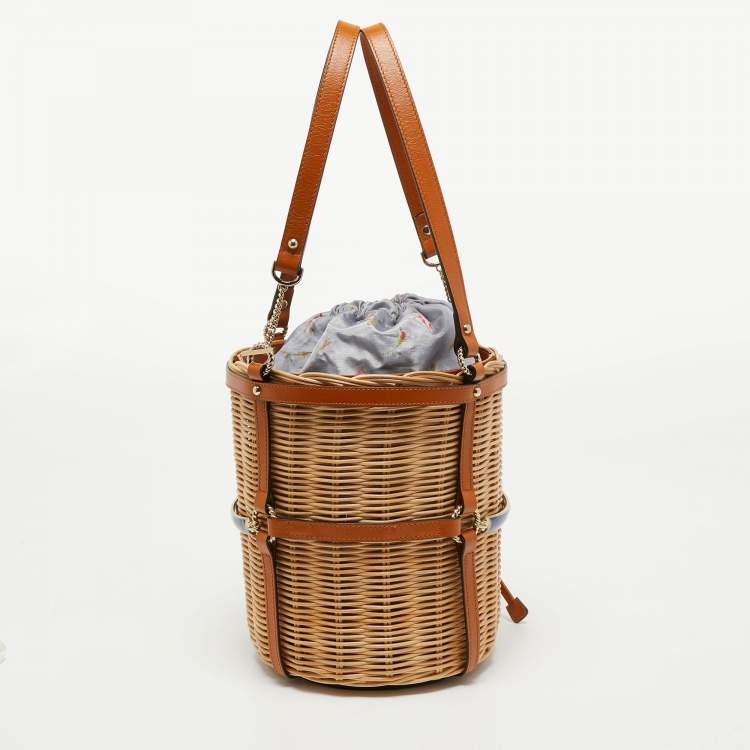 Pre Owned Gucci Brown Woven Rattan and Leather Cestino Wicker Bag