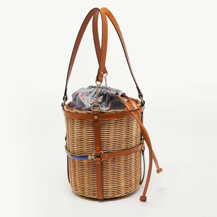 Pre Owned Gucci Brown Woven Rattan and Leather Cestino Wicker Bag