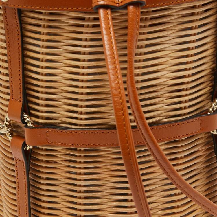 Pre Owned Gucci Brown Woven Rattan and Leather Cestino Wicker Bag