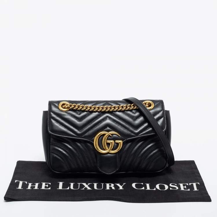 Pre Owned Gucci Black Matelassé Leather Small GG Marmont Shoulder Bag