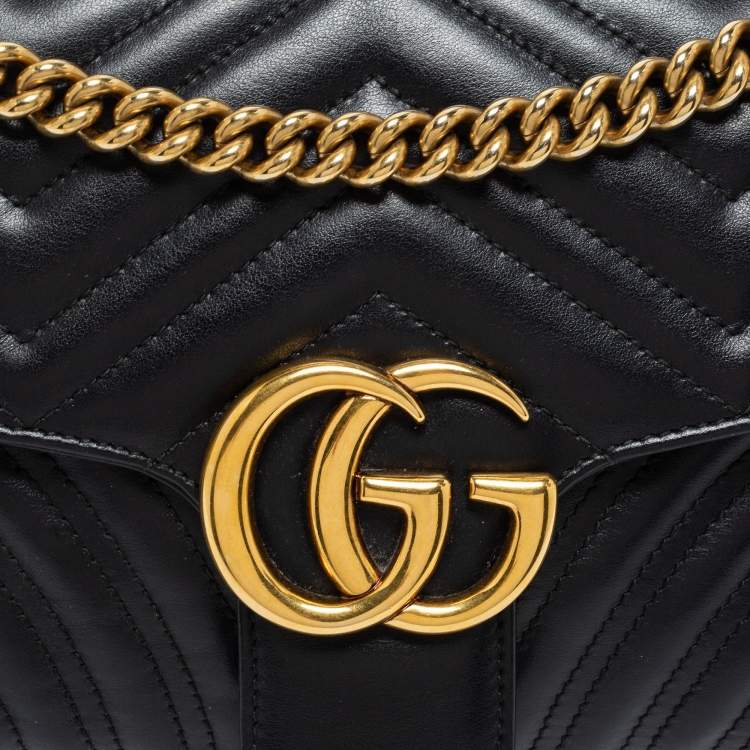 Pre Owned Gucci Black Matelassé Leather Small GG Marmont Shoulder Bag