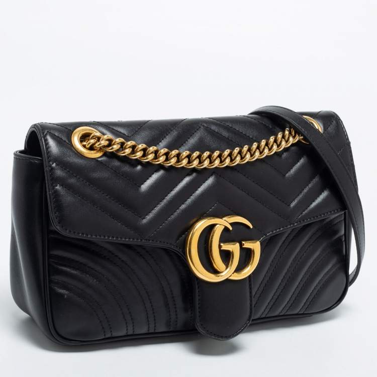 Pre Owned Gucci Black Matelassé Leather Small GG Marmont Shoulder Bag