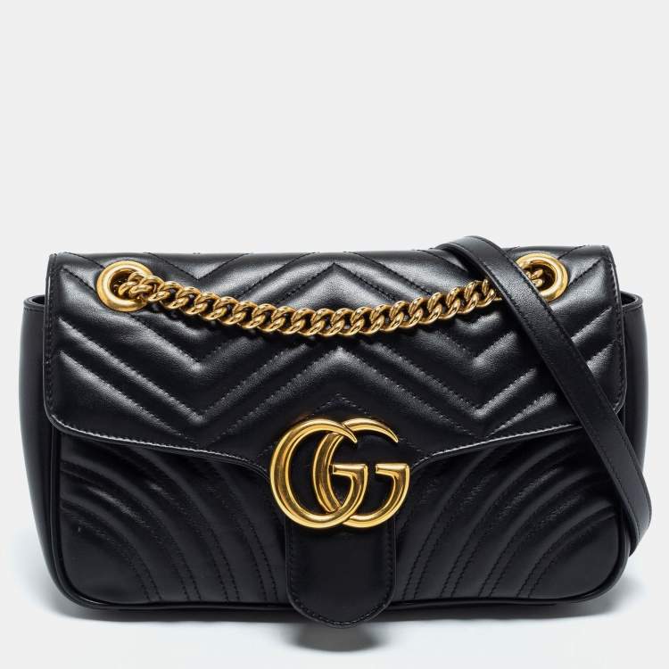 Pre Owned Gucci Black Matelassé Leather Small GG Marmont Shoulder Bag