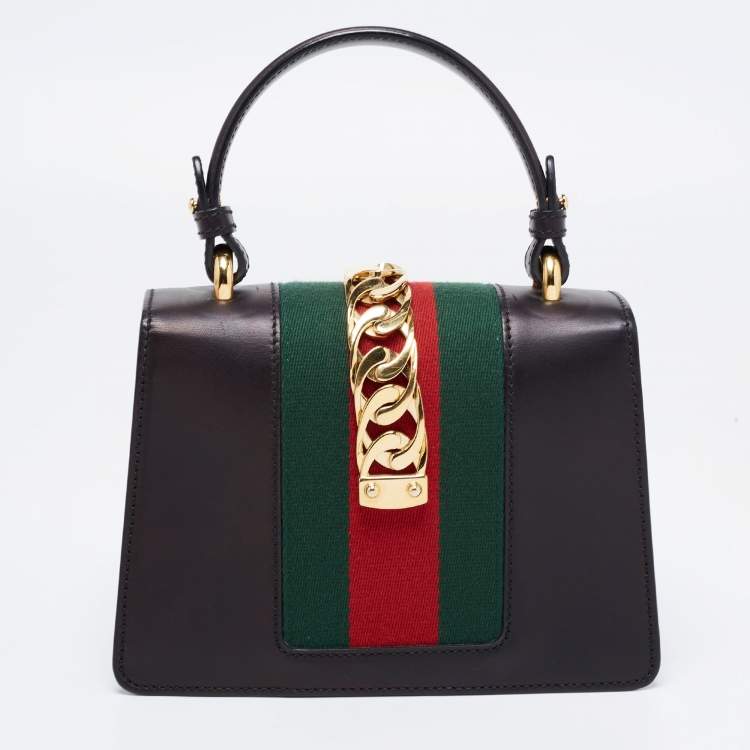 Pre Owned Gucci Black Leather Mini Web Chain Sylvie Top Handle Bag