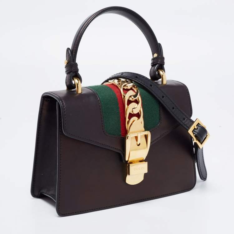 Pre Owned Gucci Black Leather Mini Web Chain Sylvie Top Handle Bag