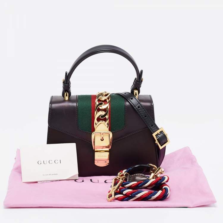 Pre Owned Gucci Black Leather Mini Web Chain Sylvie Top Handle Bag