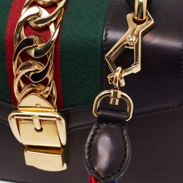 Pre Owned Gucci Black Leather Mini Web Chain Sylvie Top Handle Bag
