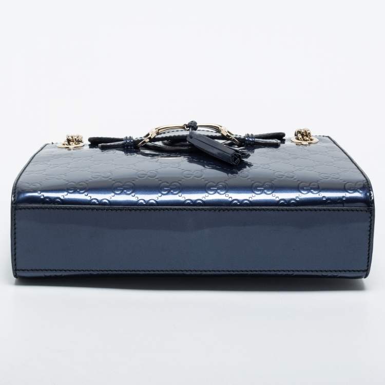 Pre Owned Gucci Blue Guccissima Patent Leather Small Emily Chain Shoulder Bag