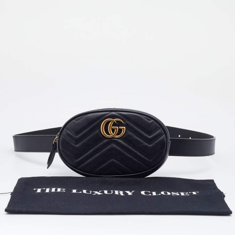 Pre Owned Gucci Black Matelasse Leather Leather GG Marmont Belt Bag