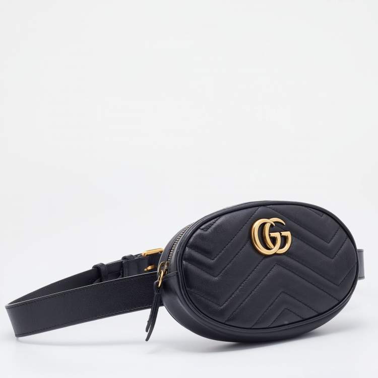 Pre Owned Gucci Black Matelasse Leather Leather GG Marmont Belt Bag
