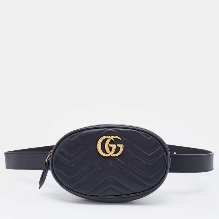 Pre Owned Gucci Black Matelasse Leather Leather GG Marmont Belt Bag