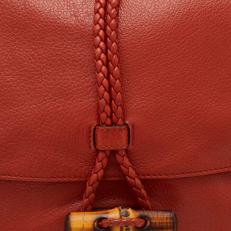 Pre Owned Gucci Orange Leather Braided Bamboo Flap Shoulder Bag