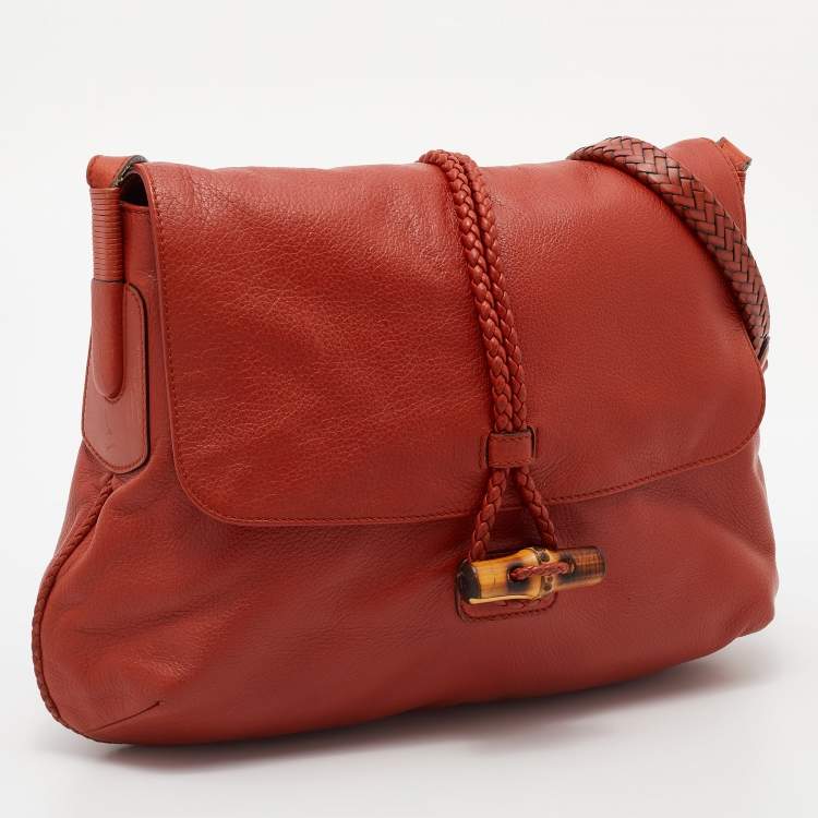 Pre Owned Gucci Orange Leather Braided Bamboo Flap Shoulder Bag