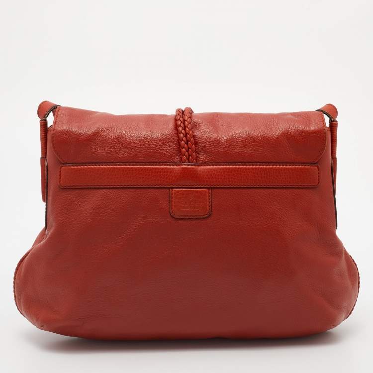 Pre Owned Gucci Orange Leather Braided Bamboo Flap Shoulder Bag