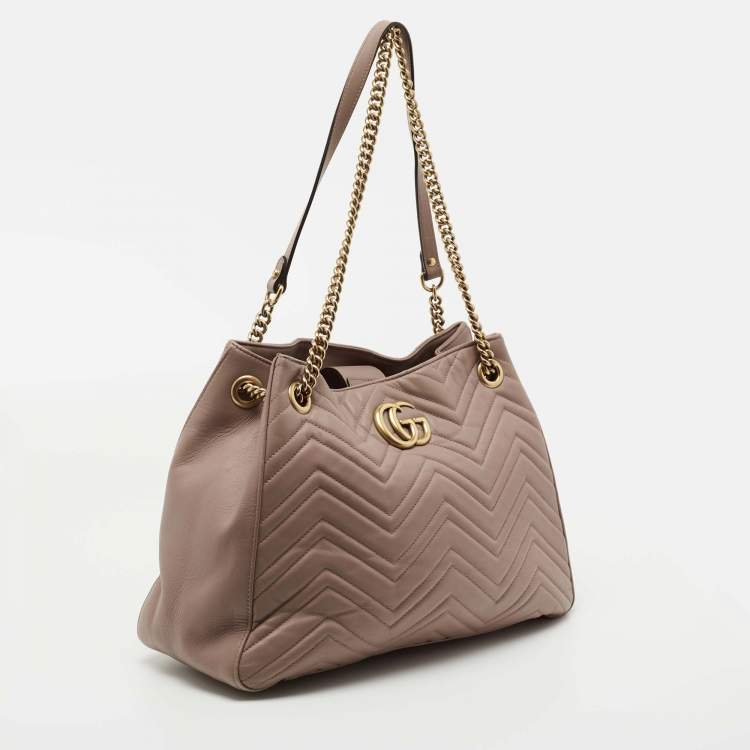 Pre Owned Gucci Dusty Pink Matelassé Leather Medium GG Marmont Chain Tote