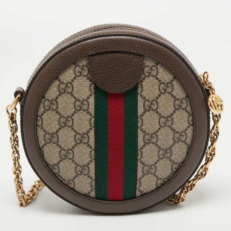 Pre Owned Gucci Brown GG Supreme Canvas and Leather Mini Ophidia Round Bag
