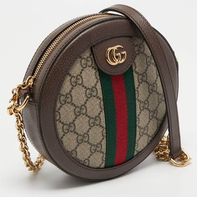 Pre Owned Gucci Brown GG Supreme Canvas and Leather Mini Ophidia Round Bag