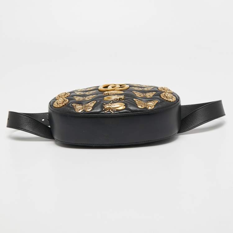Pre Owned Gucci Black Matelassé Leather GG Marmont Animal Stud Belt Bag