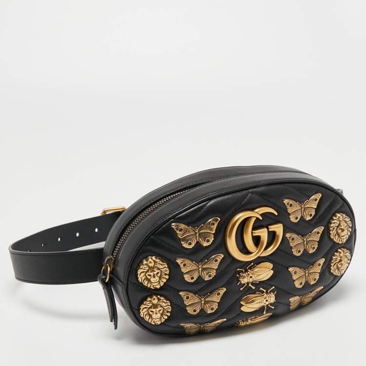 Pre Owned Gucci Black Matelassé Leather GG Marmont Animal Stud Belt Bag