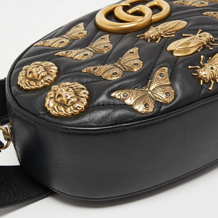 Pre Owned Gucci Black Matelassé Leather GG Marmont Animal Stud Belt Bag