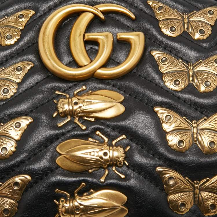 Pre Owned Gucci Black Matelassé Leather GG Marmont Animal Stud Belt Bag