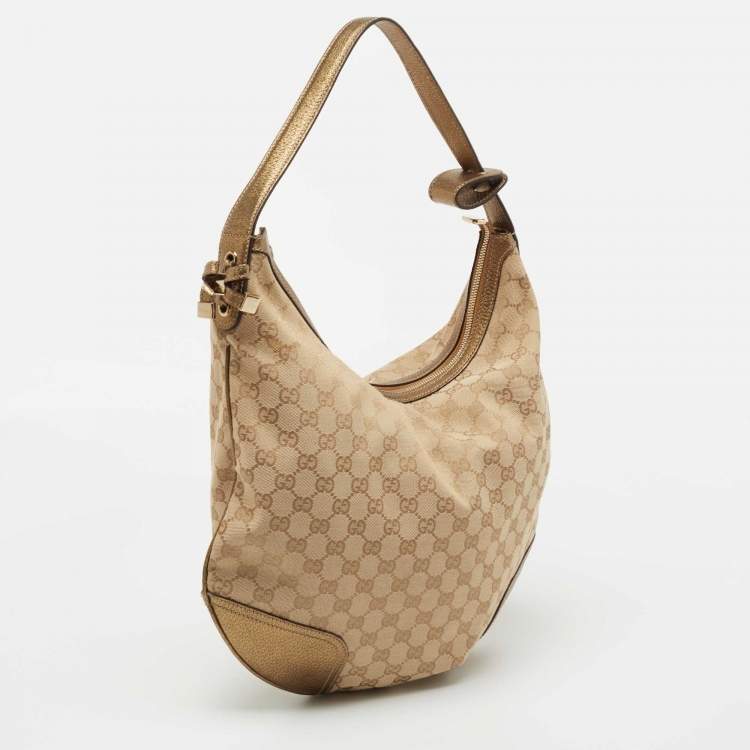 Pre Owned Gucci Beige/Gold GG Canvas and Leather Large Princy Hobo
