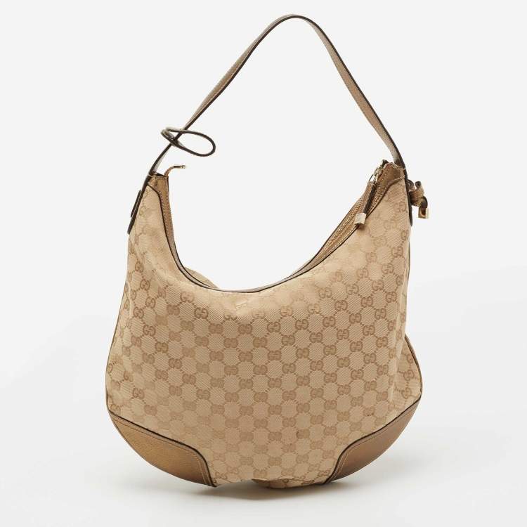 Pre Owned Gucci Beige/Gold GG Canvas and Leather Large Princy Hobo