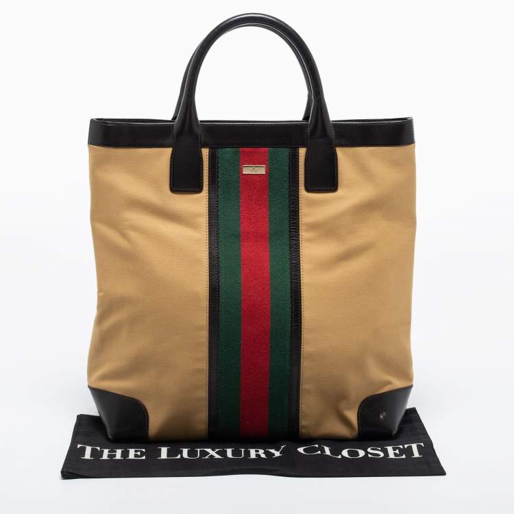 Pre Owned Gucci Khaki Brown/Black Canvas and Leather Large Vintage Web Shopper Tote