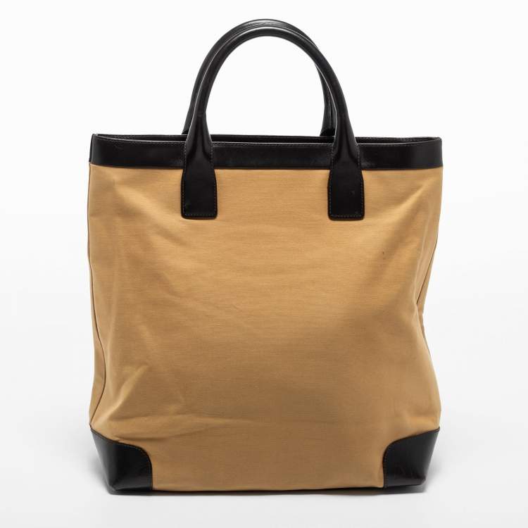 Pre Owned Gucci Khaki Brown/Black Canvas and Leather Large Vintage Web Shopper Tote