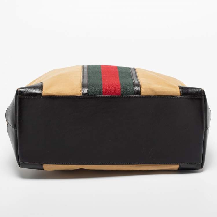 Pre Owned Gucci Khaki Brown/Black Canvas and Leather Large Vintage Web Shopper Tote