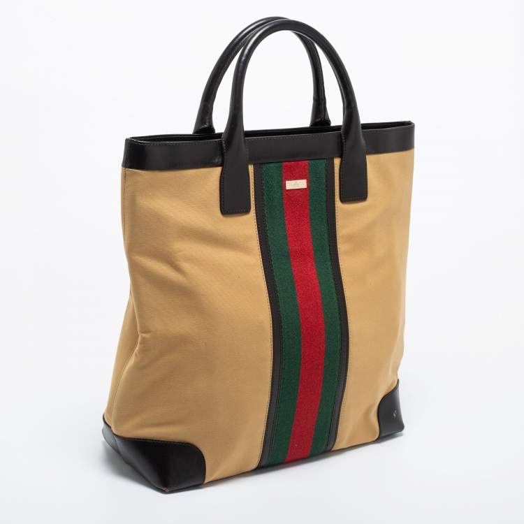 Pre Owned Gucci Khaki Brown/Black Canvas and Leather Large Vintage Web Shopper Tote
