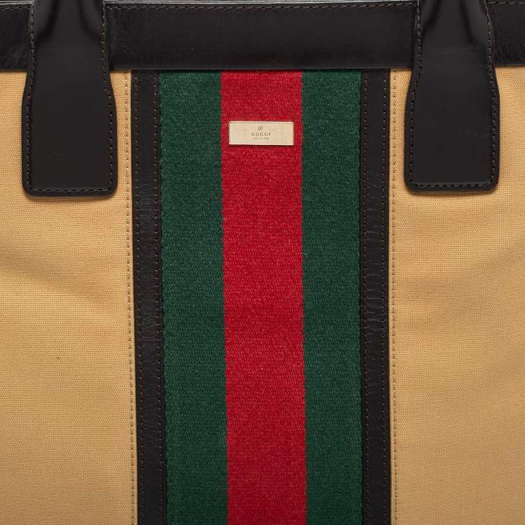 Pre Owned Gucci Khaki Brown/Black Canvas and Leather Large Vintage Web Shopper Tote