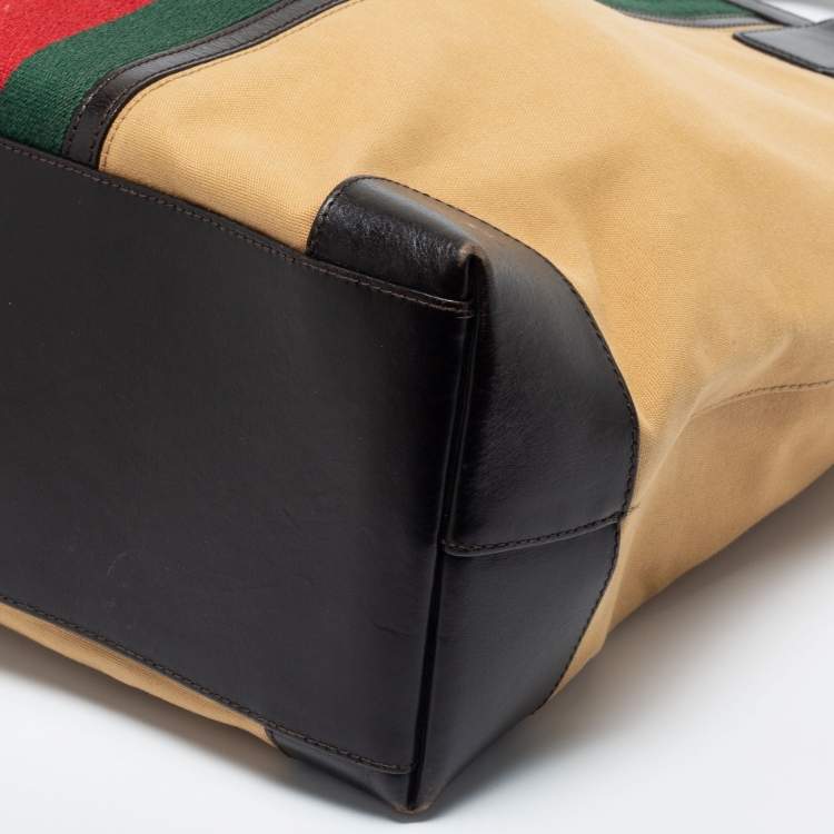 Pre Owned Gucci Khaki Brown/Black Canvas and Leather Large Vintage Web Shopper Tote
