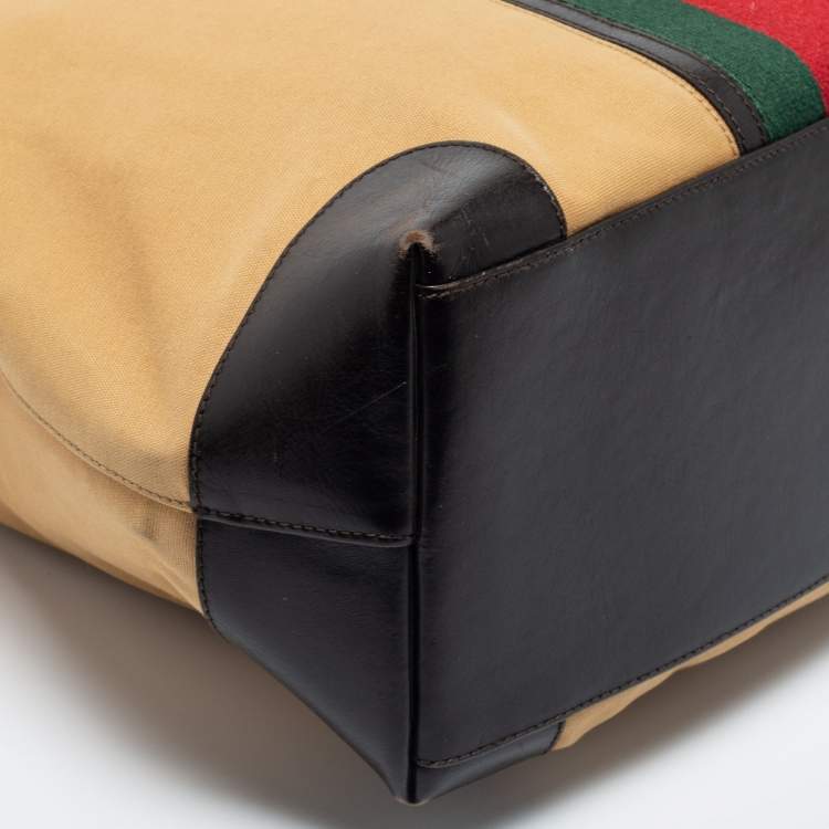 Pre Owned Gucci Khaki Brown/Black Canvas and Leather Large Vintage Web Shopper Tote