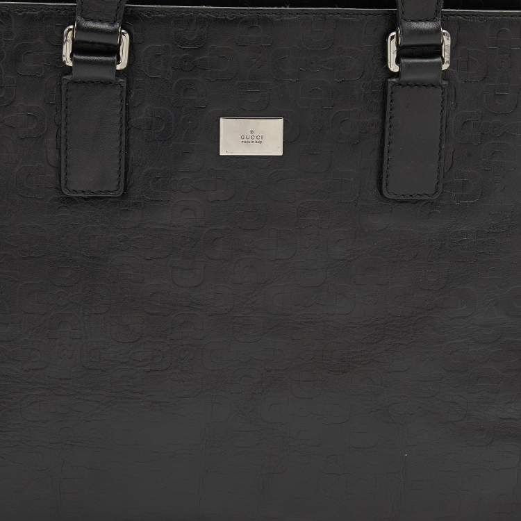 Pre Owned Gucci Black Horsebit Embossed Leather Large Tote