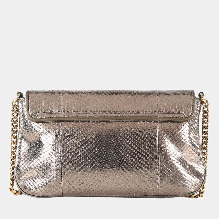 Pre Owned Gucci Bronze Snakeskin Leather Vintage GG Logo Shoulder Bag 
