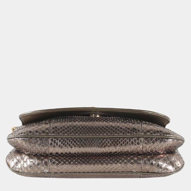 Pre Owned Gucci Bronze Snakeskin Leather Vintage GG Logo Shoulder Bag 