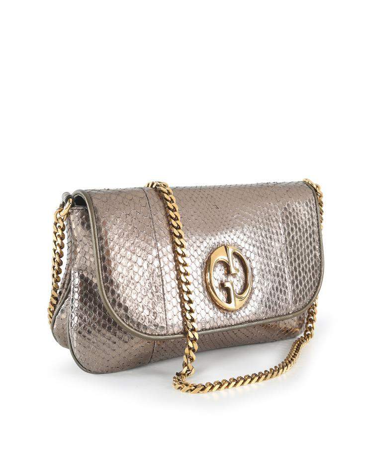 Pre Owned Gucci Bronze Snakeskin Leather Vintage GG Logo Shoulder Bag 