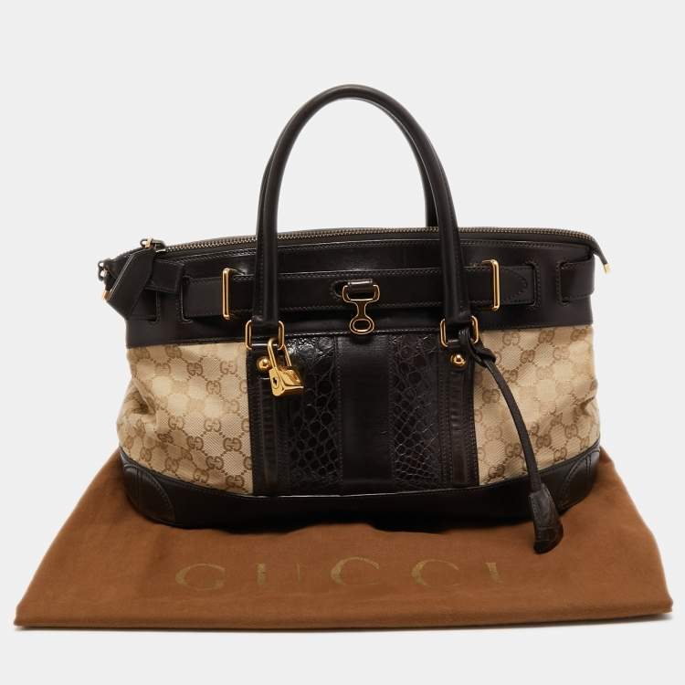 Pre Owned Gucci Brown/Beige GG Canvas and Alligator Leather Secret Web Tote